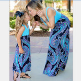 Summer Blue Tail Print Matching Dresses For Mom And Daughter